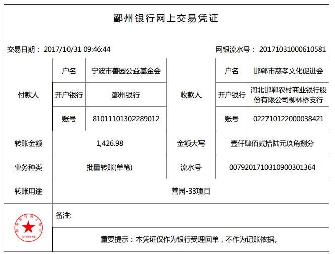 款已汇至邯郸市慈孝文化促进会的账户，汇款金额1426.98元，详细凭据如下：